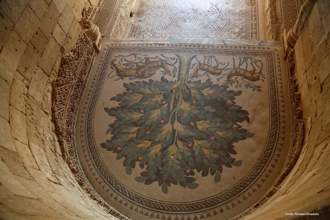 Middle East’s largest ancient mosaic, ‘Tree of Life’ figuring war and peace, is unveiled at the historical Umayyad Palace near Jericho, West Bank on October 20, 2016.[Issam Rimawi/Anadolu]