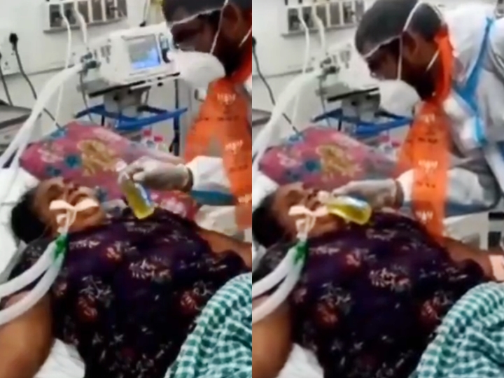 BJP worker give 'Gau Mutra' to a Covid-19 patient on a ventilator?